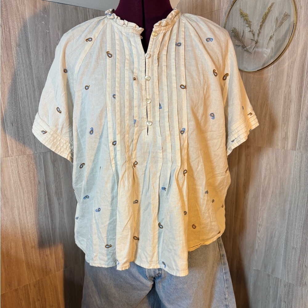 a.n.a Cream Blouse with Blue Paisley Embroidery